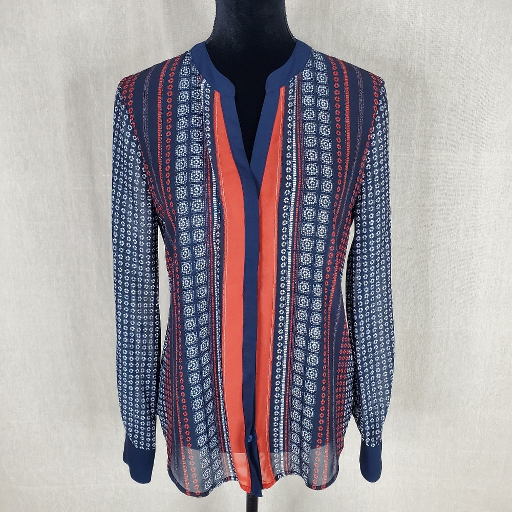 ♡ Sanctuary Navy Blue and Orange Rolled Sleeve Button Up Blouse Size XS
